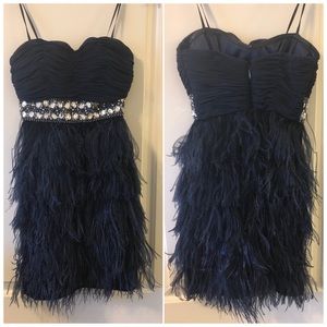 Blue feather mini dress.